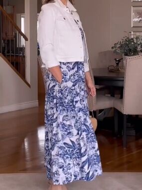 Blue & White Floral Tiered Poplin Skirt